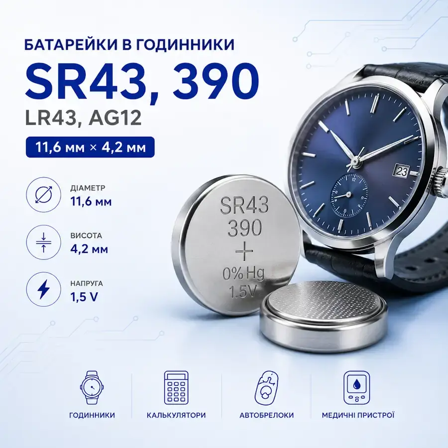 Батарейки SR43, 390, LR43 та AG12 типорозміру 11,6×4,2 мм