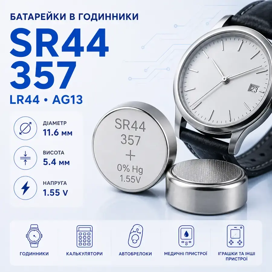 Батарейки SR44, 357, LR44 та AG13 типорозміру 11,6×5,4 мм