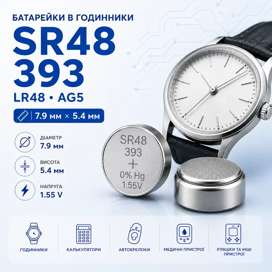 Батарейки SR48, 393, LR48 та AG5 типорозміру 7,9×5,4 мм