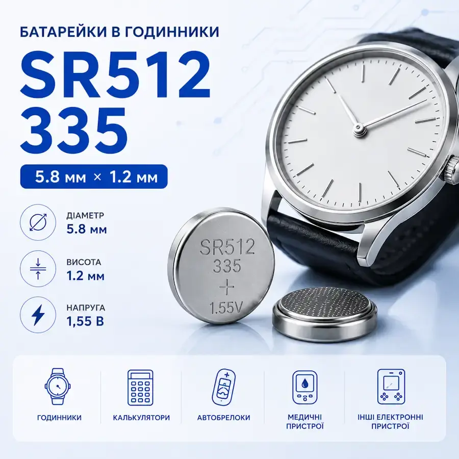 Батарейка SR512, 335 Silver Oxide типорозміру 5,8×1,2 мм