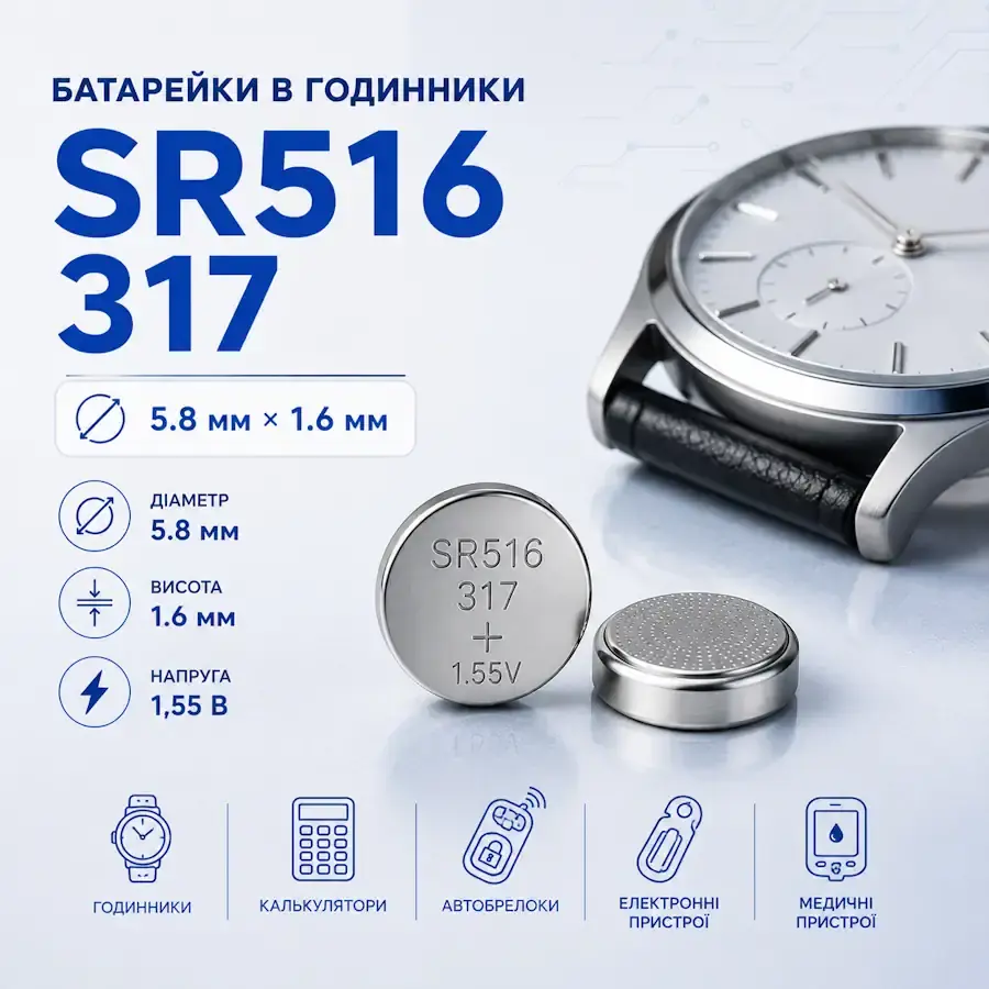 Батарейка SR516, 317 Silver Oxide розміром 5,8×1,6 мм