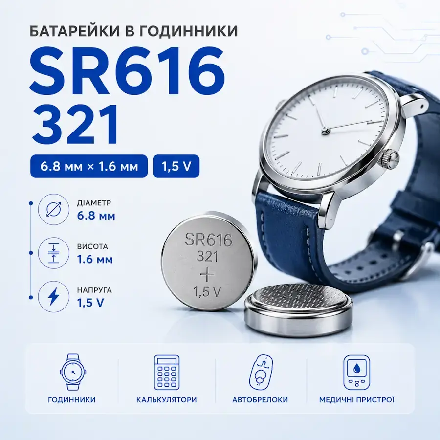 Батарейка SR616, 321 Silver Oxide типорозміру 6,8×1,6 мм