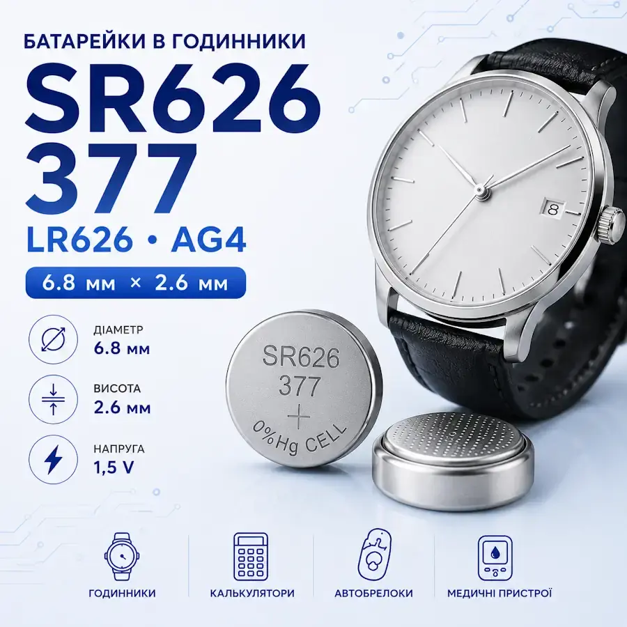 Батарейки SR626, 377, LR626 та AG4 типорозміру 6,8×2,6 мм