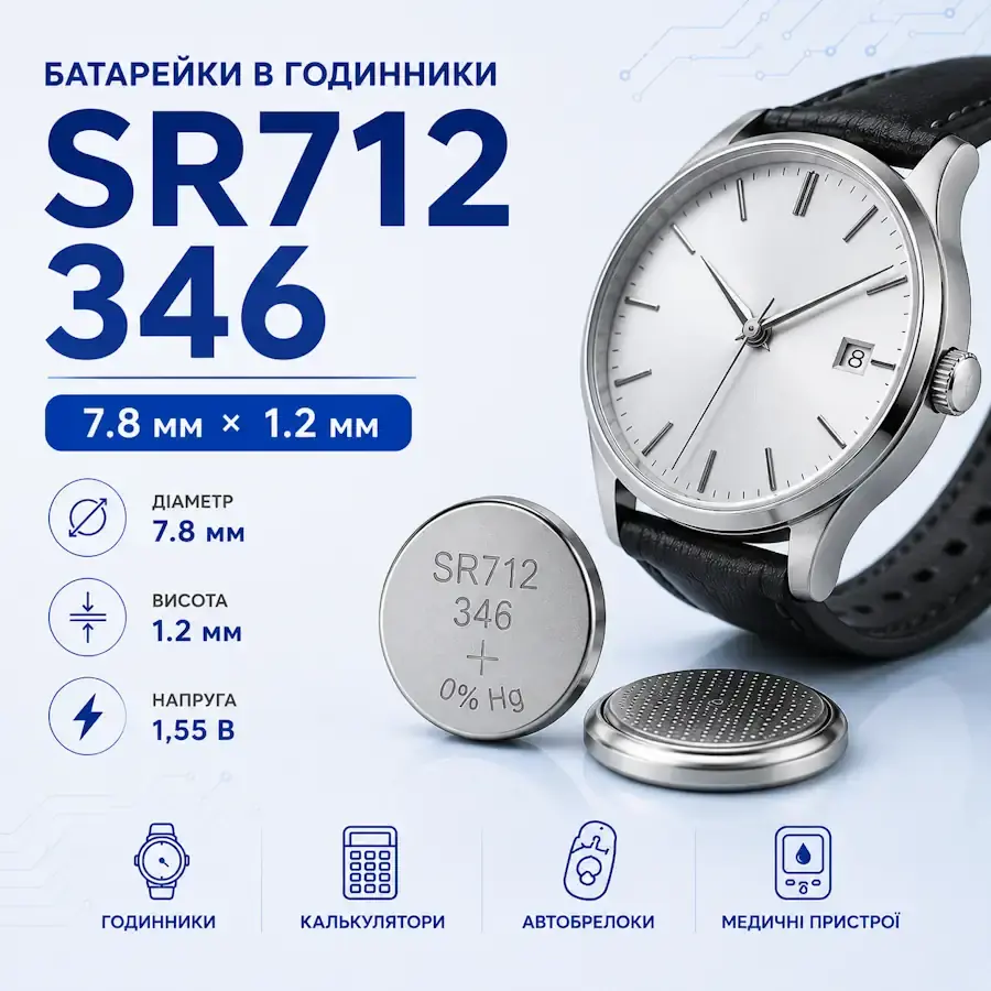 Батарейка SR712, 346 Silver Oxide типорозміру 7,8×1,2 мм