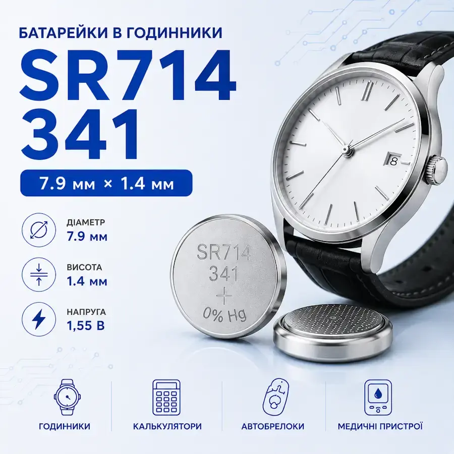 Батарейка SR714, 341 Silver Oxide типорозміру 7,9×1,4 мм