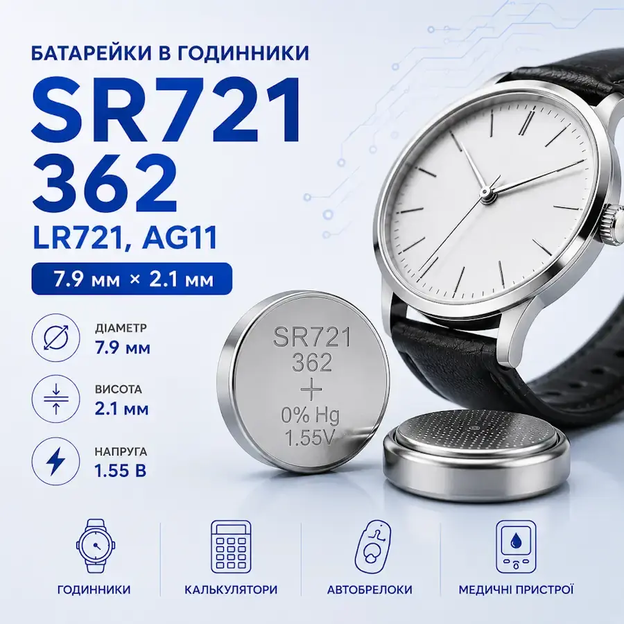 Батарейки SR721, 362, LR721 та AG11 типорозміру 7,9×2,1 мм