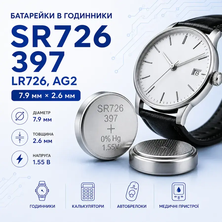 Батарейки SR726, 397, LR726 та AG2 типорозміру 7,9×2,6 мм