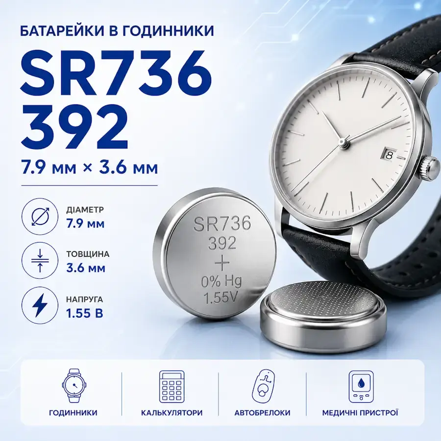 Батарейка SR736, 392 Silver Oxide типорозміру 7,9×3,6 мм