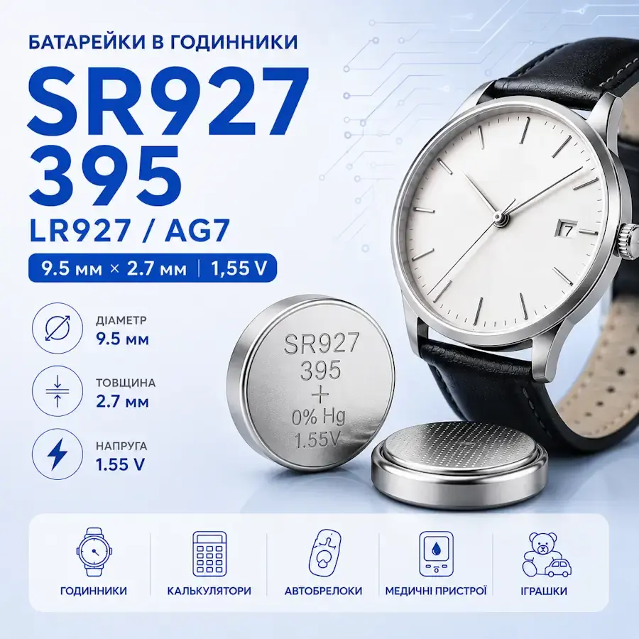 Батарейки SR927, 395, LR927 та AG7 типорозміру 9,5×2,7 мм
