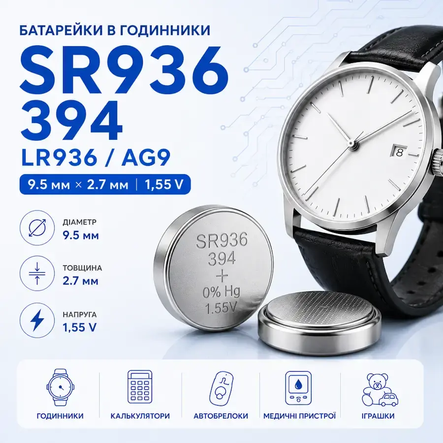Батарейки SR936, 394, LR936 та AG9 типорозміру 9,5×3,6 мм