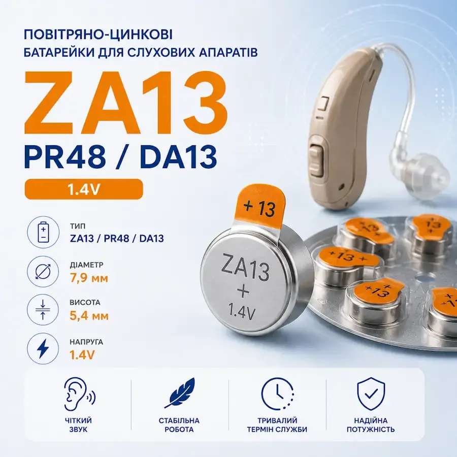 Повітряно-цинкові батарейки ZA13, PR48, DA13 типорозміру 7,9×5,4 мм для слухових апаратів