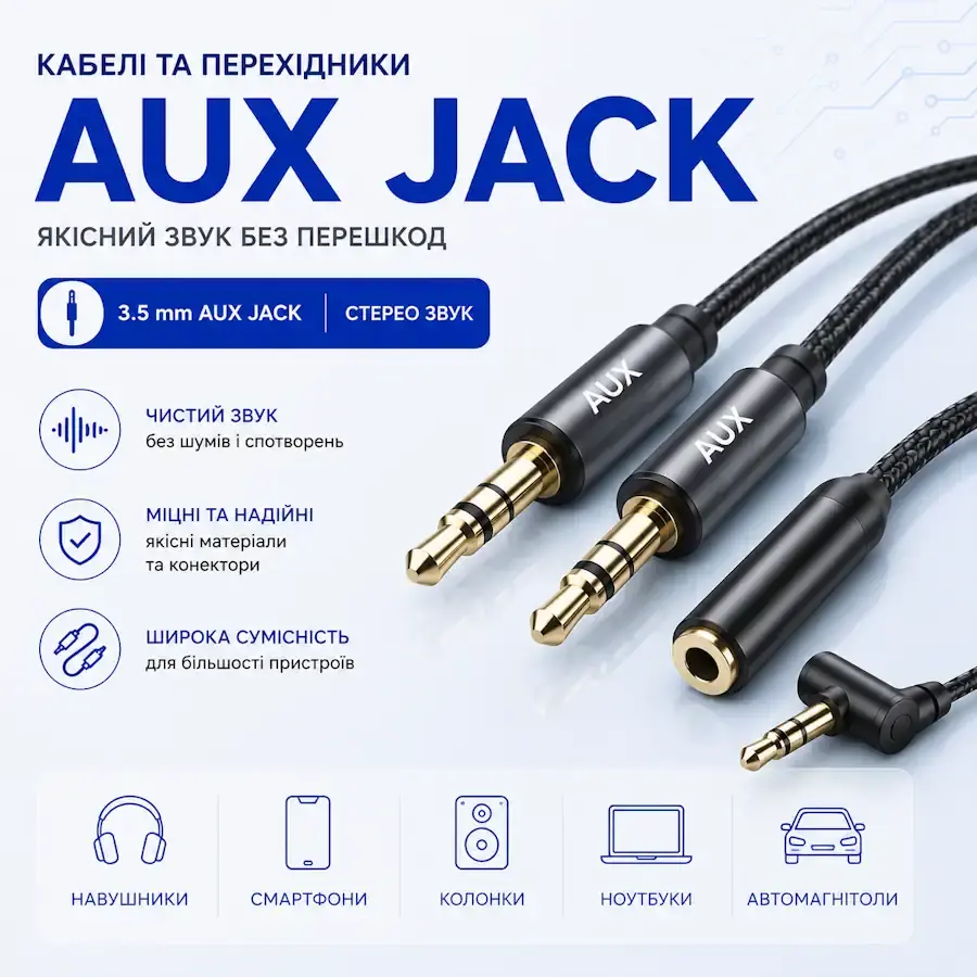 Кабелі та перехідники AUX (Jack) з роз'ємами 3,5 мм і 6,35 мм для передавання аудіосигналу