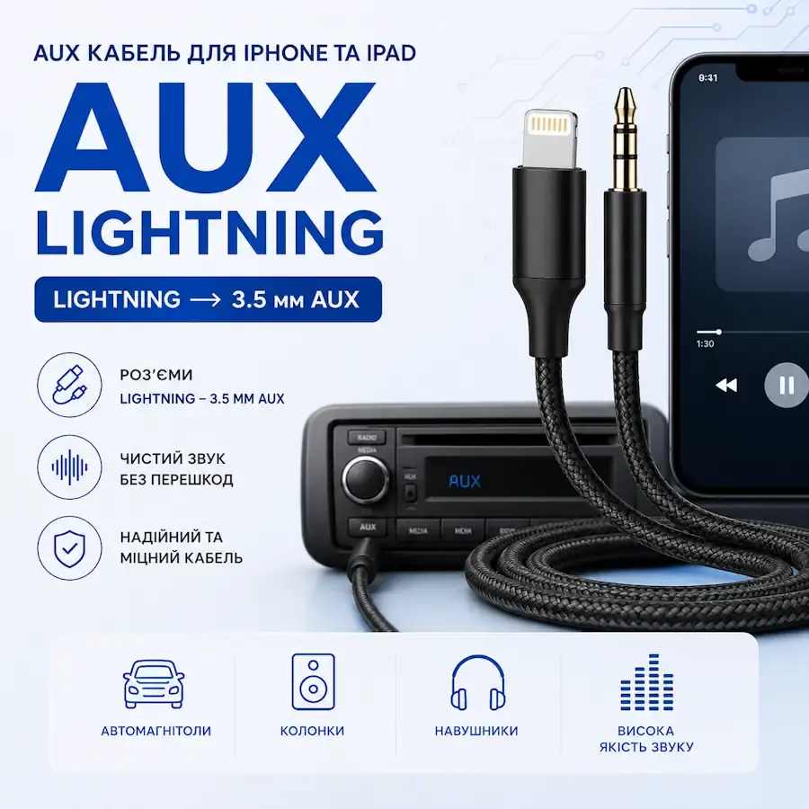 Кабель і перехідник AUX Lightning для підключення iPhone до аудіосистеми через AUX 3,5 мм