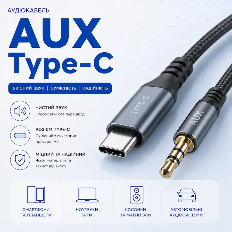Кабель і перехідник AUX USB Type-C — 3,5 мм для підключення аудіопристроїв