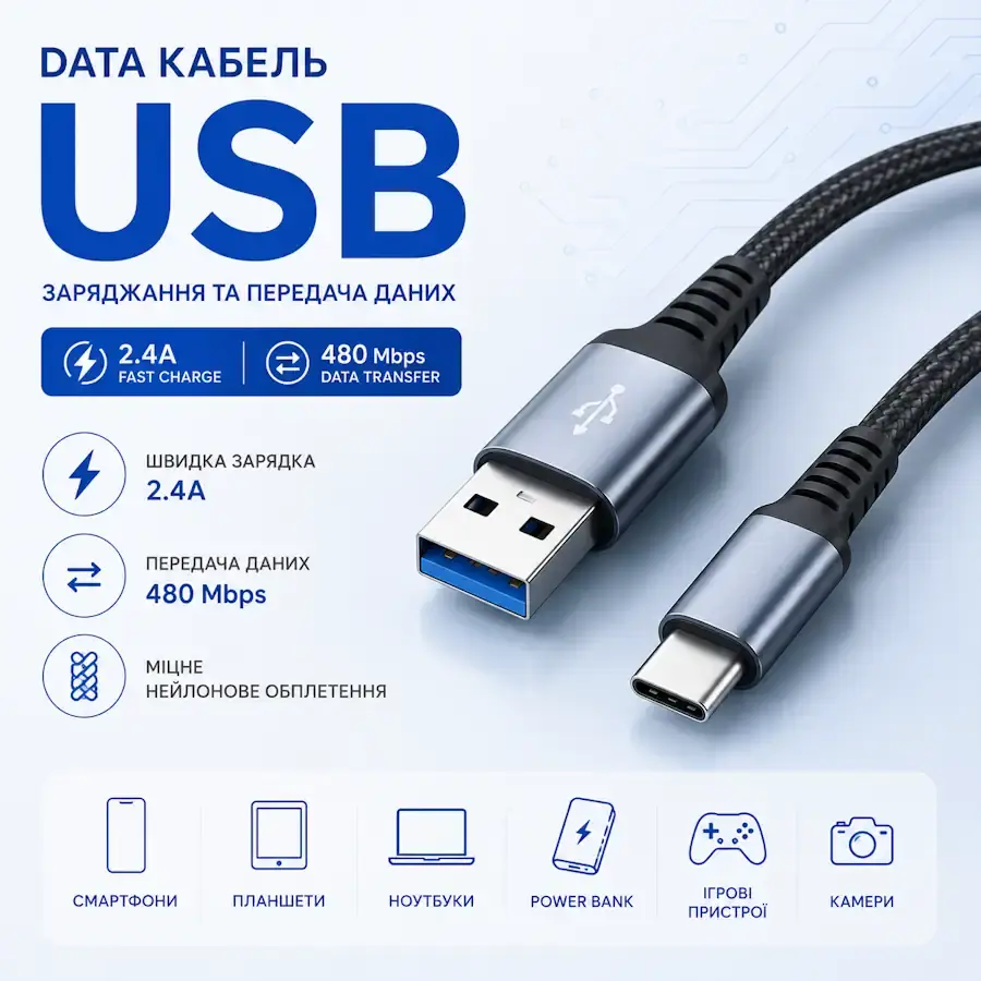 Data кабелі та USB-перехідники з роз'ємами USB-C, Lightning, Micro-USB і USB-A