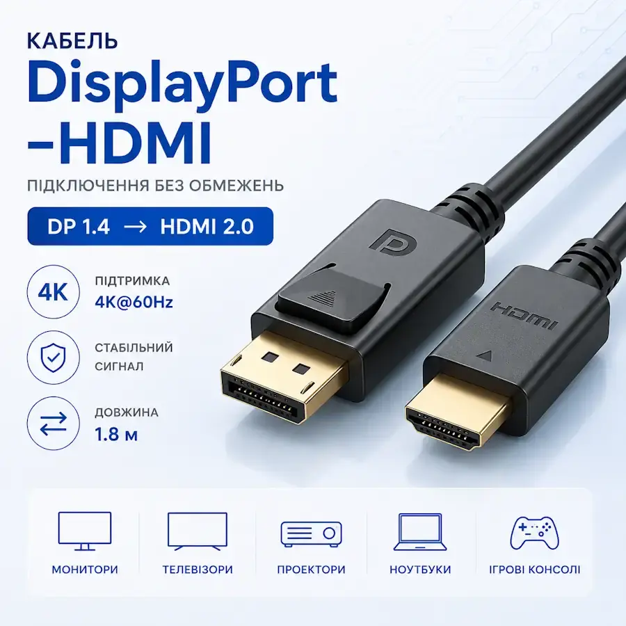 Кабель та перехідник DisplayPort–HDMI для підключення монітора або телевізора
