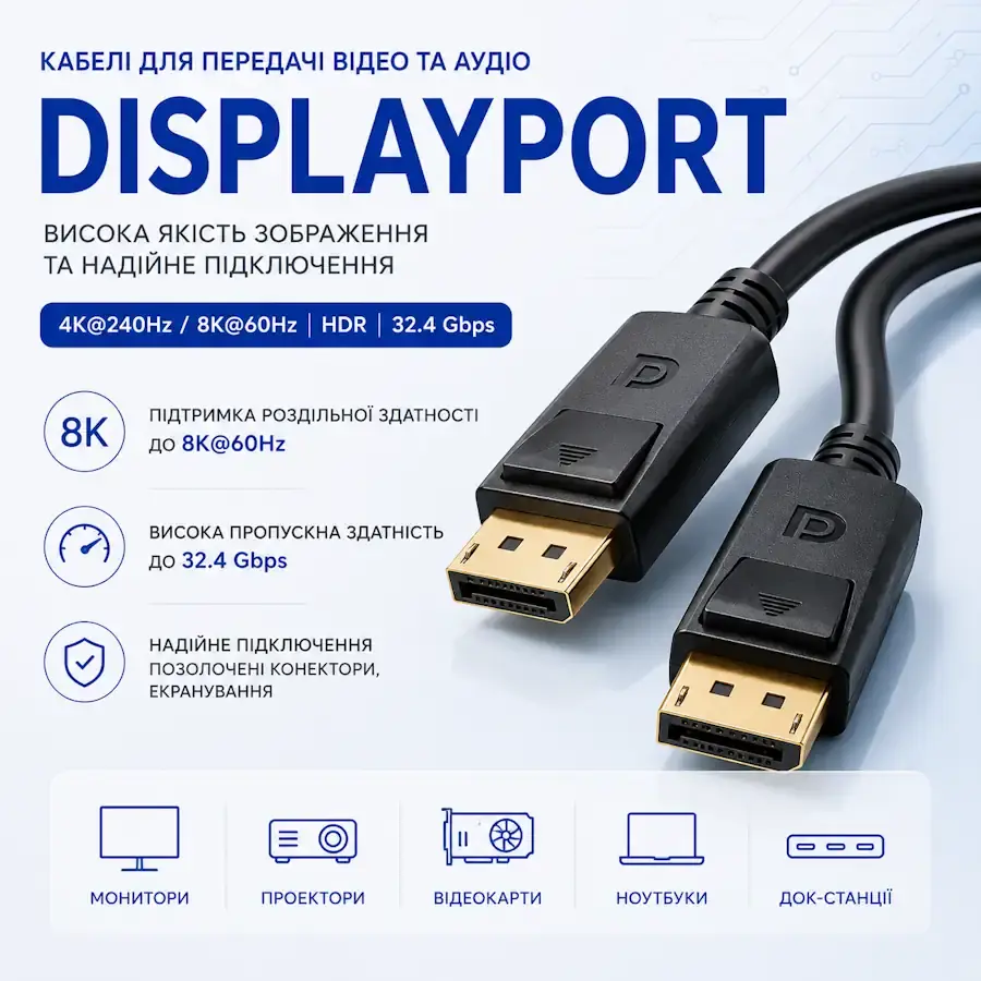 Кабелі та перехідники DisplayPort для підключення моніторів, ноутбуків і відеокарт