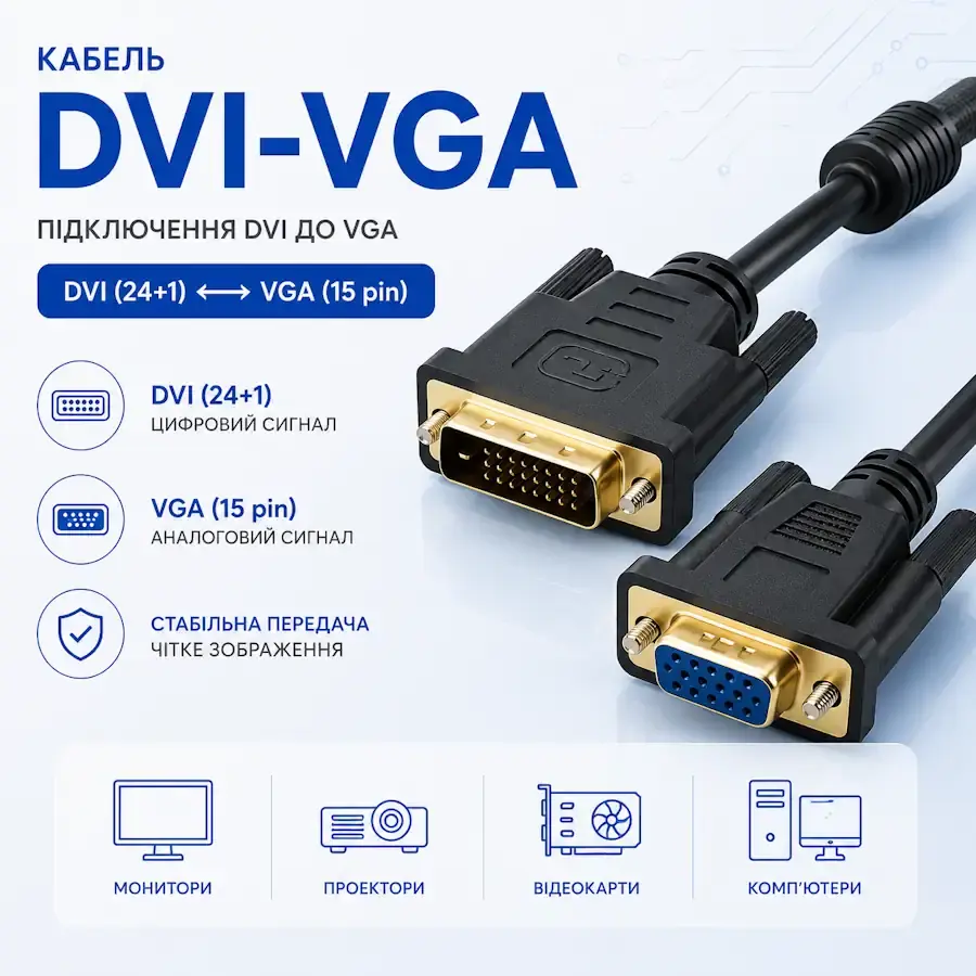Кабель і перехідник DVI–VGA для підключення монітора або проектора