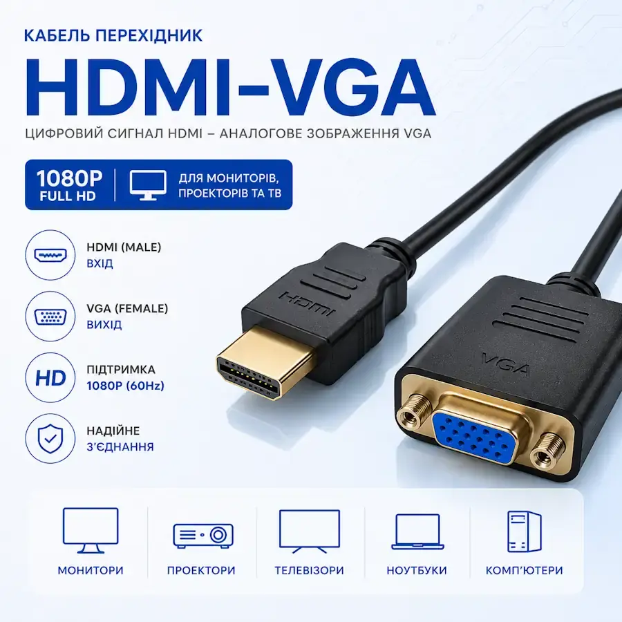 Активний перехідник HDMI → VGA для підключення монітора або проєктора