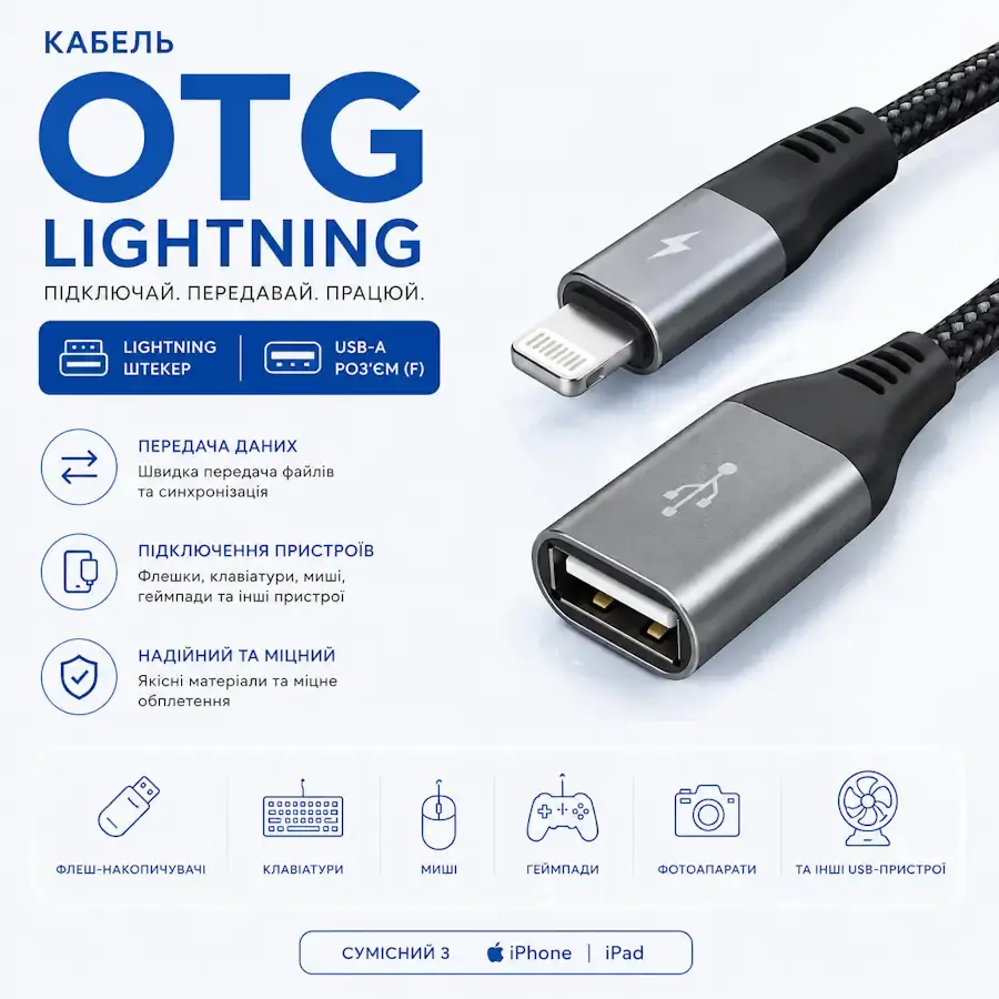 OTG кабель і перехідник Lightning для підключення USB-пристроїв до iPhone та iPad