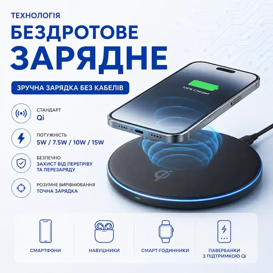 Бездротовий зарядний пристрій Qi для смартфона та інших сумісних гаджетів