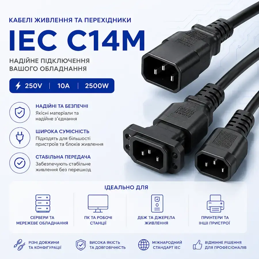 Кабель живлення або перехідник з роз'ємом IEC 60320 C14 Male для ДБЖ