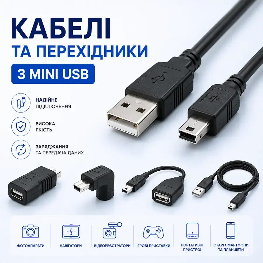 Кабель, перехідник та гаджети з роз'ємом Mini USB