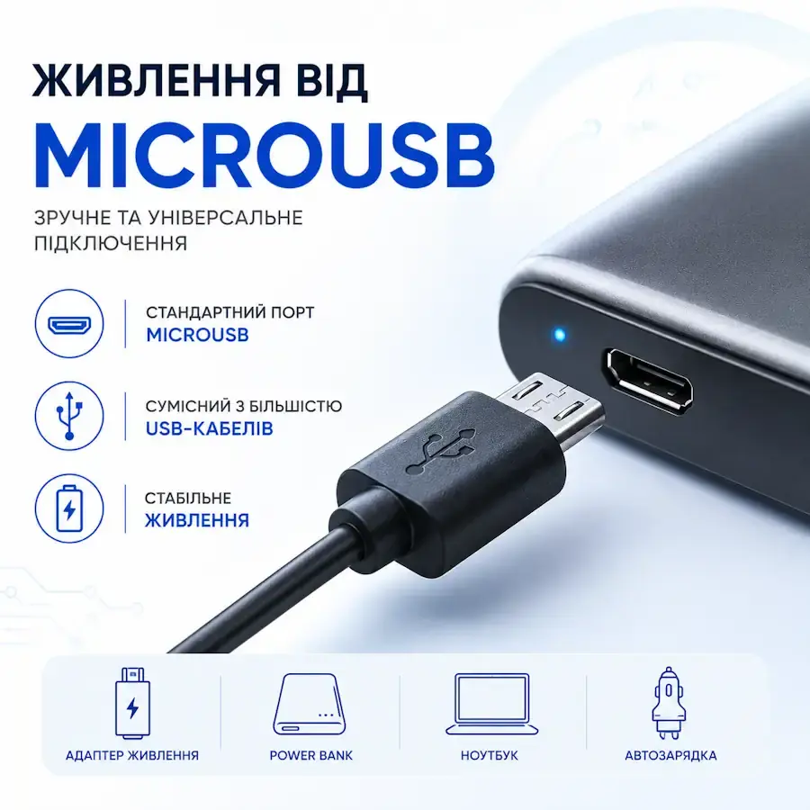 Товар із живленням та зарядкою через роз'єм MicroUSB