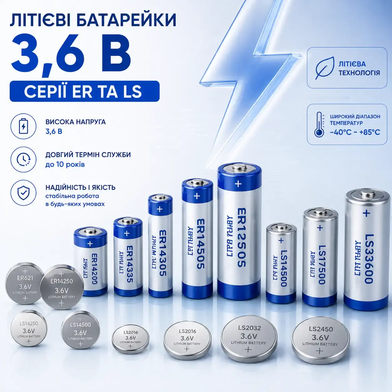 Літієві батарейки 3,6 В серій ER та LS різних типорозмірів
