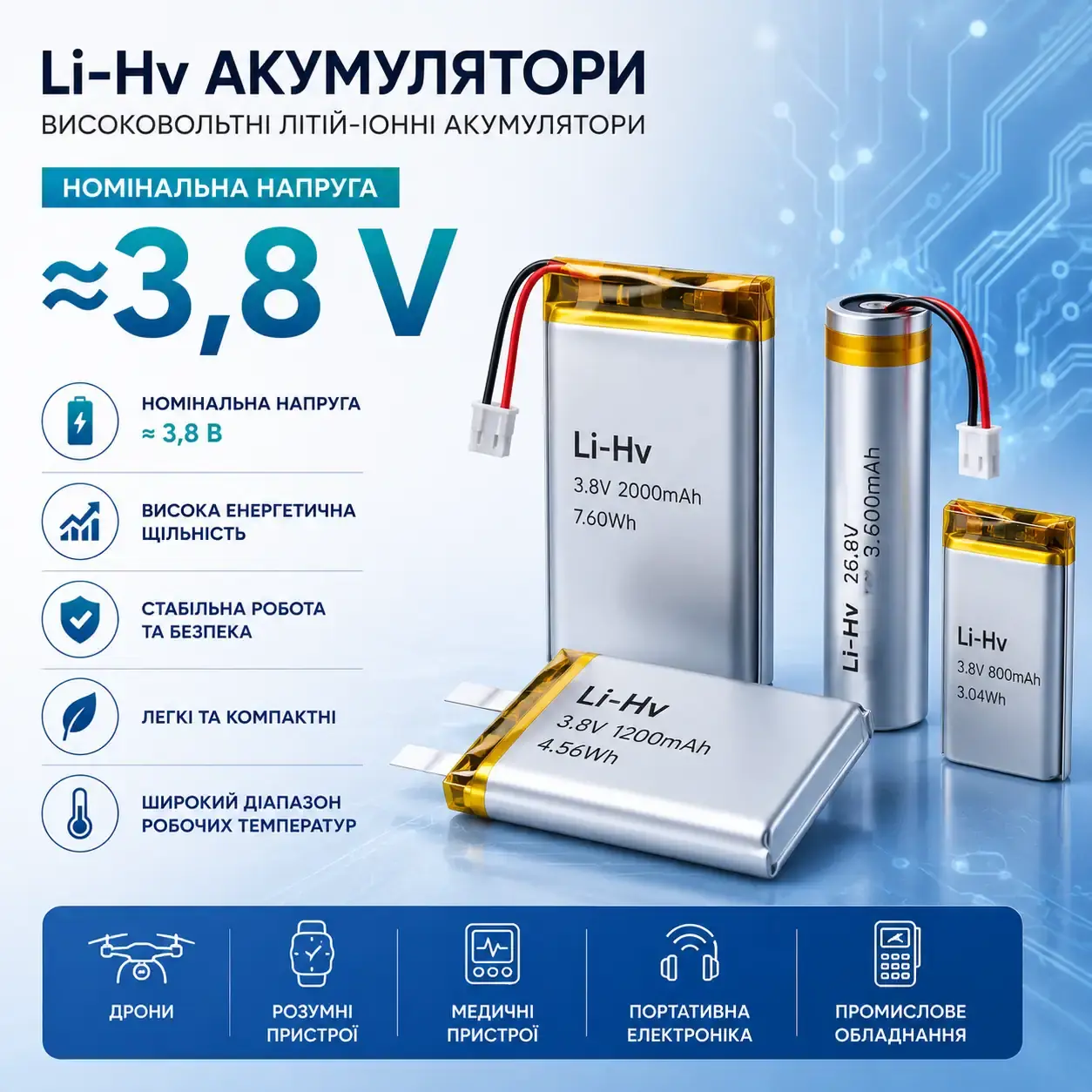 LiHV акумулятор з номінальною напругою 3,8 В