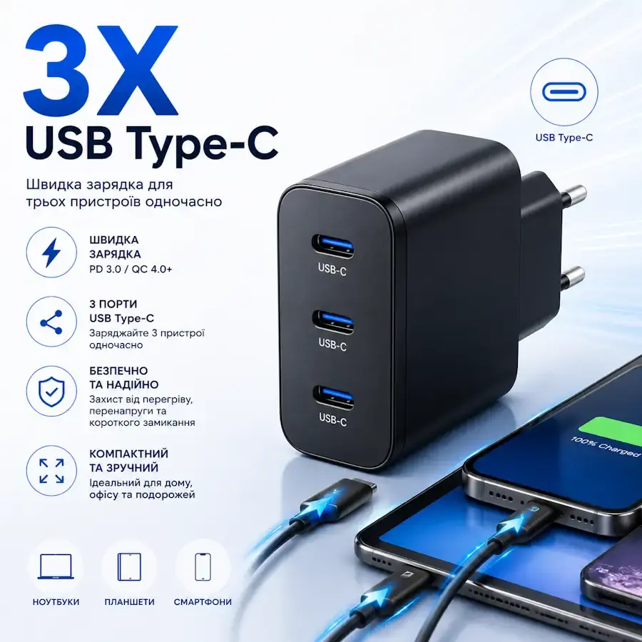 Мережевий зарядний пристрій з трьома портами USB Type-C