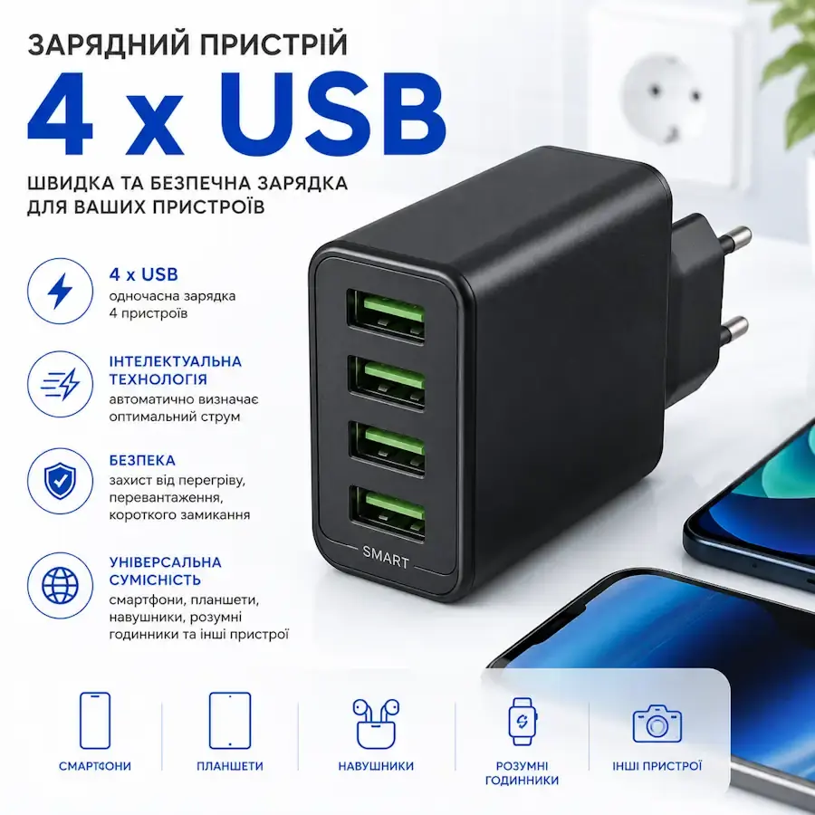 Пристрій із чотирма USB-портами для одночасного заряджання та підключення гаджетів