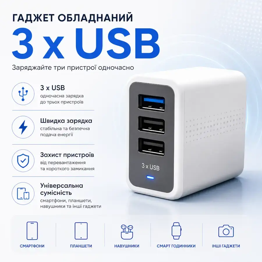 Повербанк, зарядний пристрій та USB-хаб з трьома USB-портами