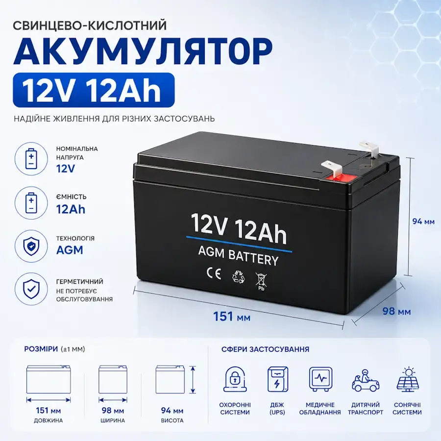 AGM свинцево-кислотний акумулятор 12 В 12 А·год розміром 151×98×94 мм