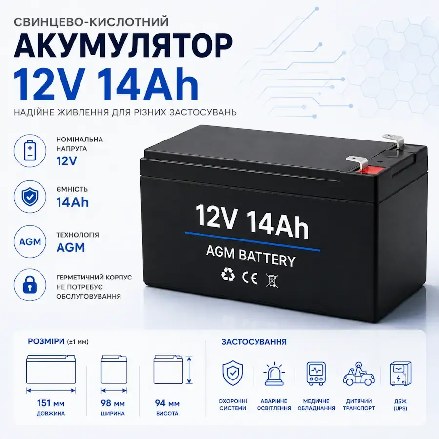 AGM свинцево-кислотний акумулятор 12 В 14 А·год розміром 151×98×94 мм