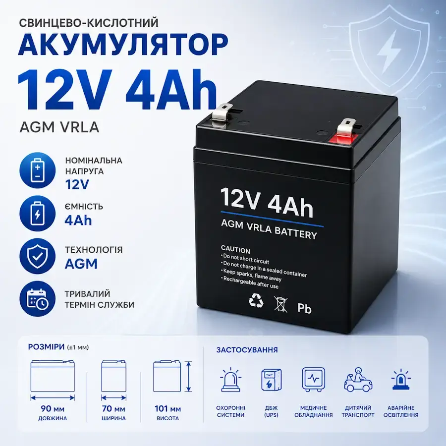 AGM акумулятор 12 В 4 А·год розміром 90×70×101 мм