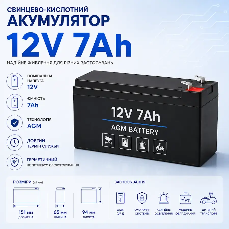 AGM свинцево-кислотний акумулятор 12 В 7 А·год розміром 151×65×94 мм