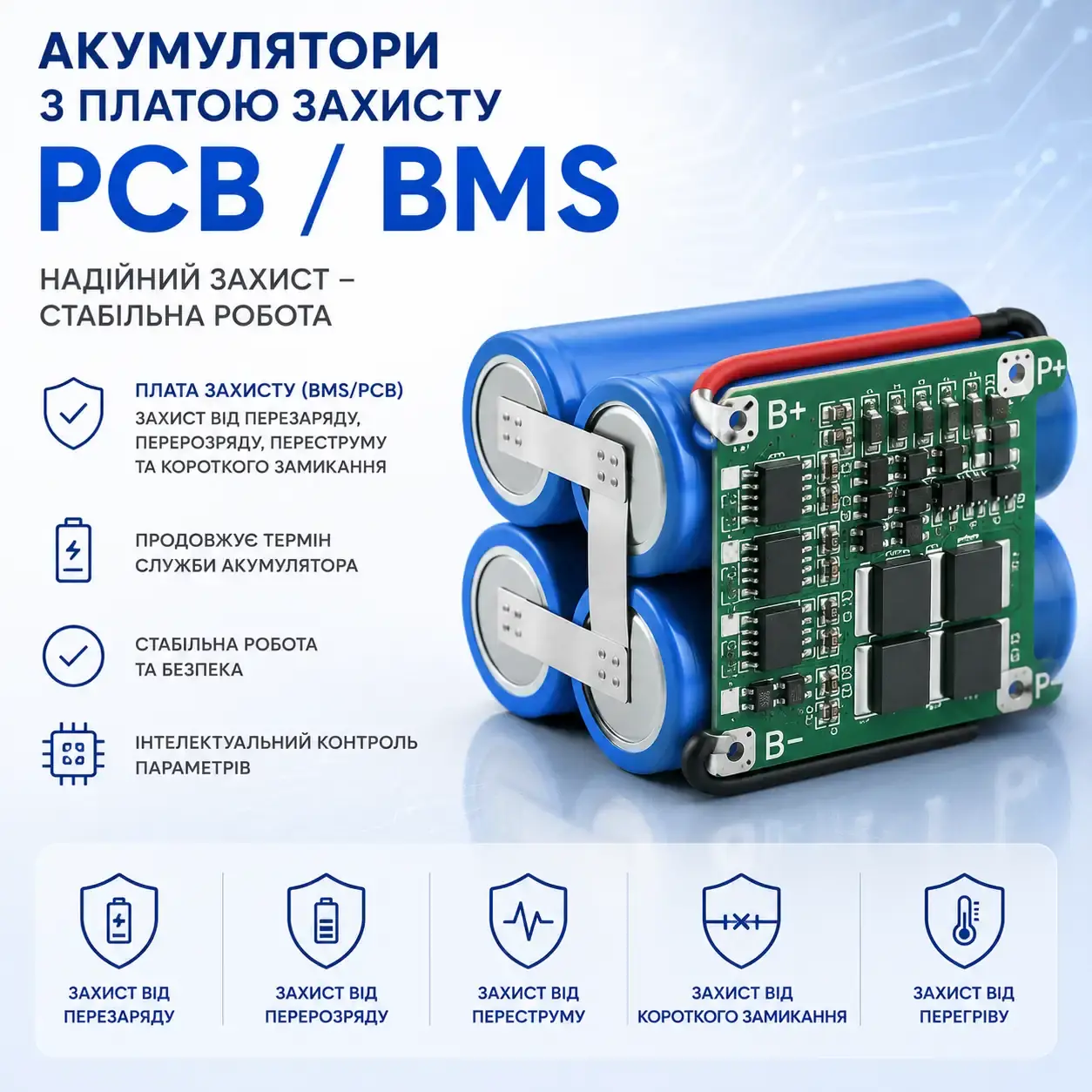 Li-ion акумулятор із платою захисту PCB (BMS)