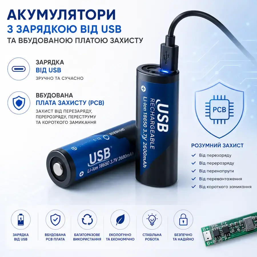 Акумулятори із зарядкою від USB та вбудованою платою захисту PCB