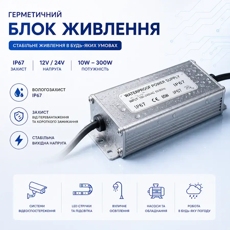 Герметичний блок живлення для LED освітлення та зовнішнього обладнання із захистом IP65/IP67