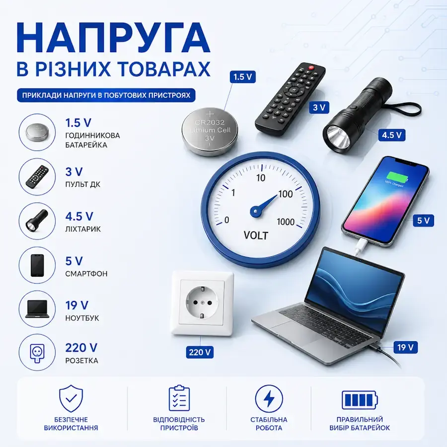 Ілюстрація різних значень напруги батарейок, акумуляторів, блоків живлення та зарядних пристроїв із позначенням у вольтах.