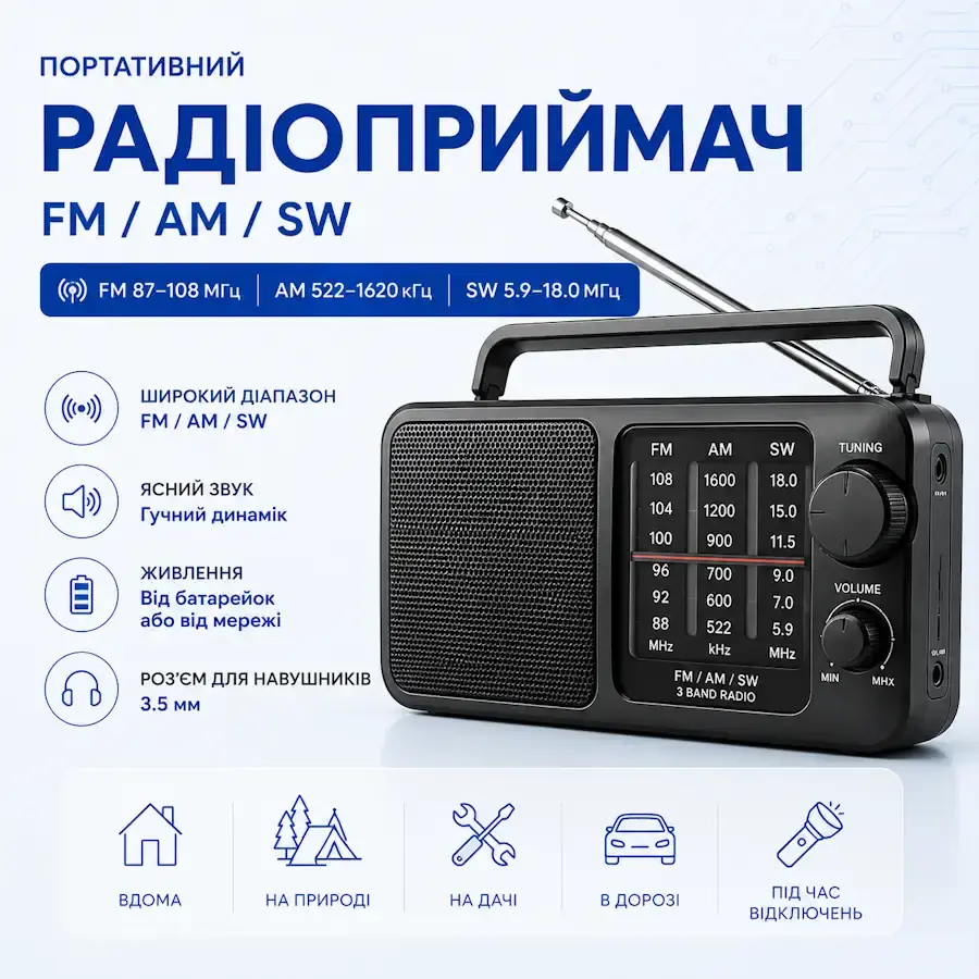 Портативний радіоприймач із підтримкою FM, AM та SW діапазонів