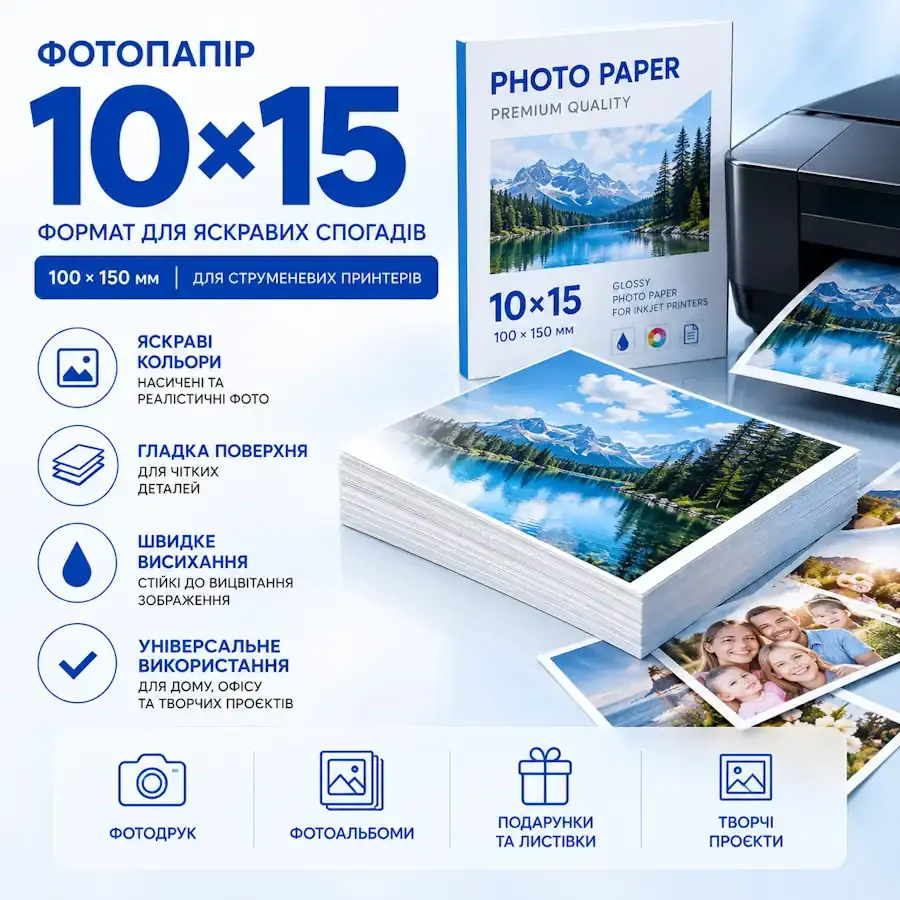 Фотопапір формату 10x15 см для друку сімейних фотографій та рекламних матеріалів.