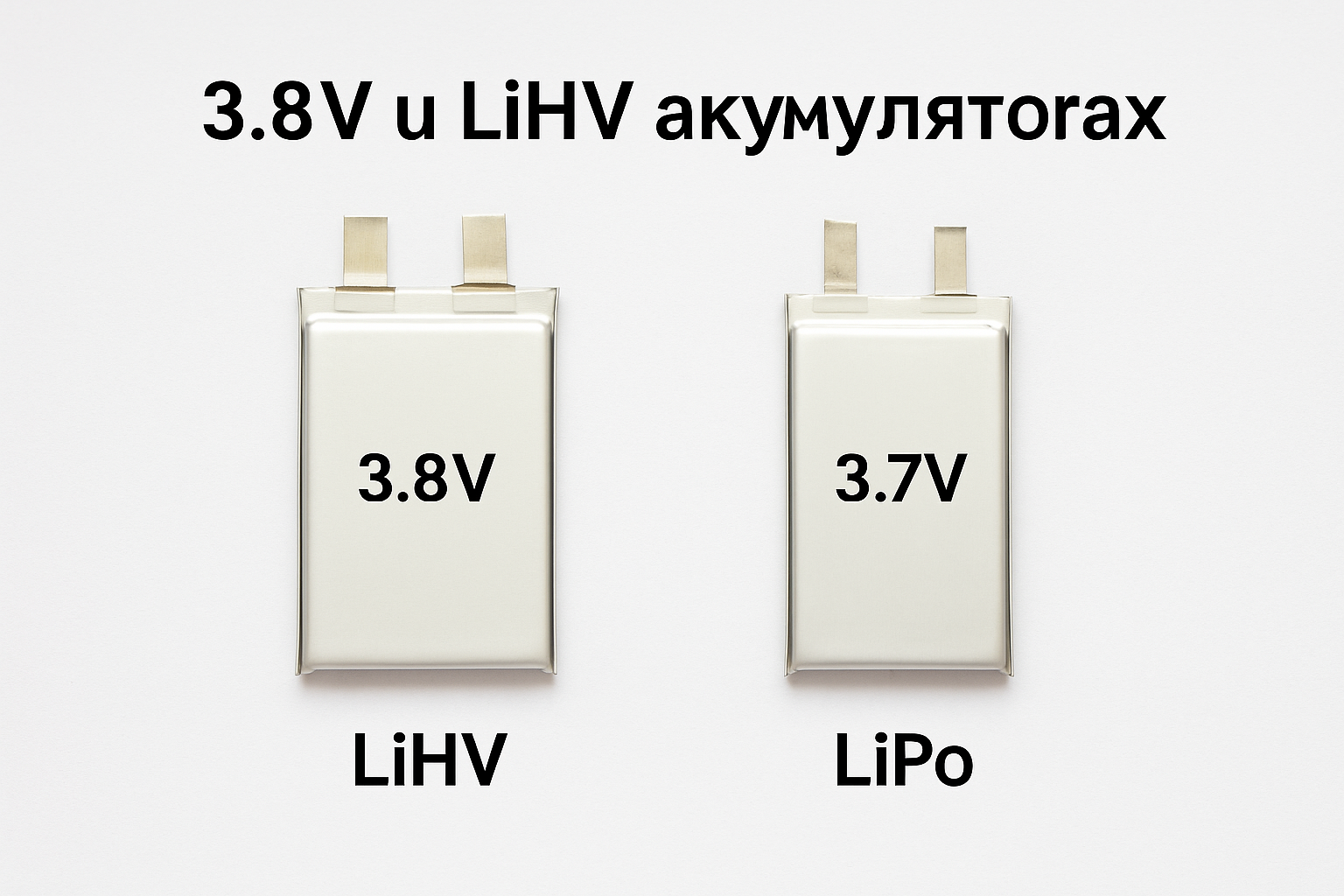 LiHV акумулятори з напругою 3.8В, порівняння зі звичайними LiPo елементами, на білому фоні