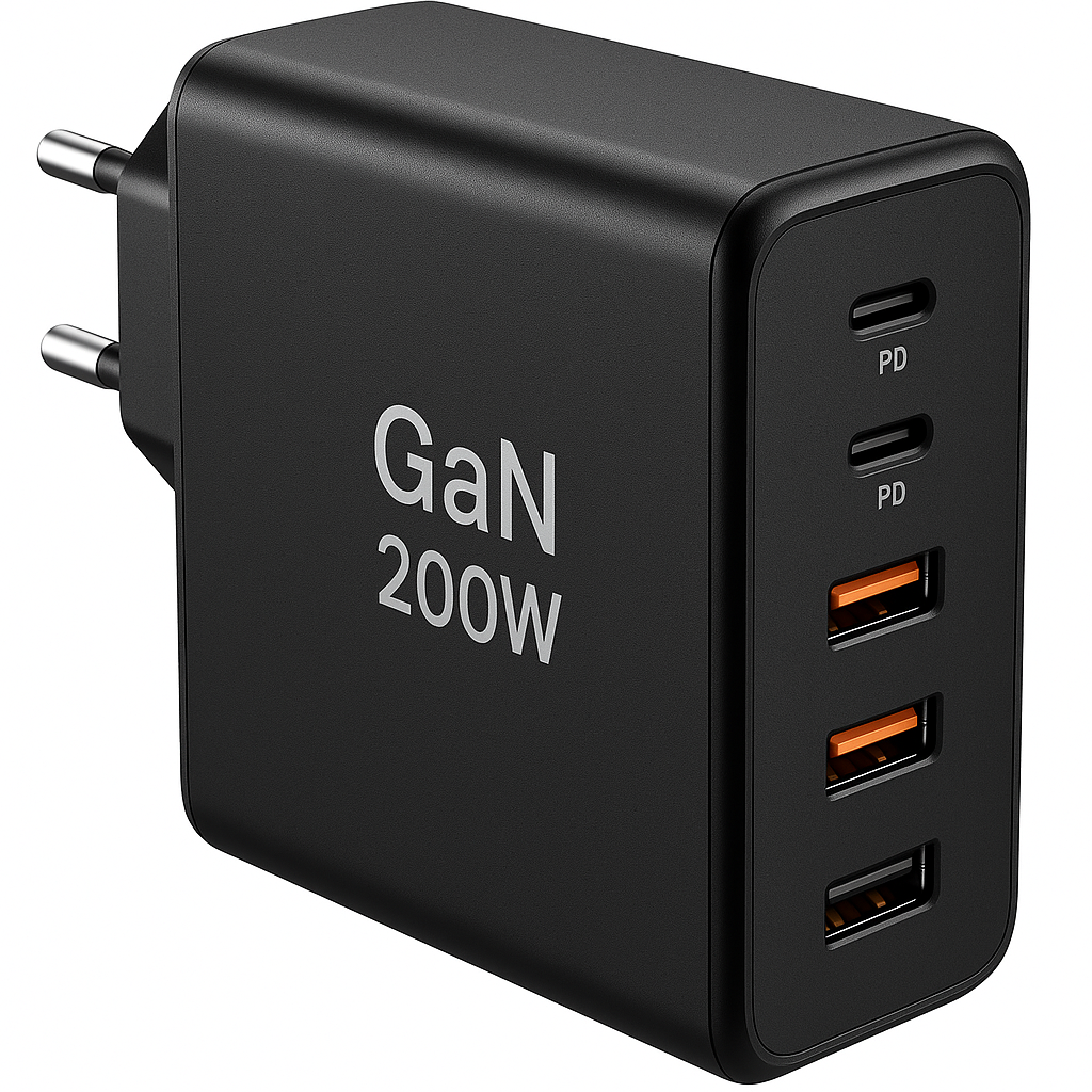 Компактне GaN зарядне 200W з USB-C PD і кількома портами для ноутбуків, смартфонів, дронів