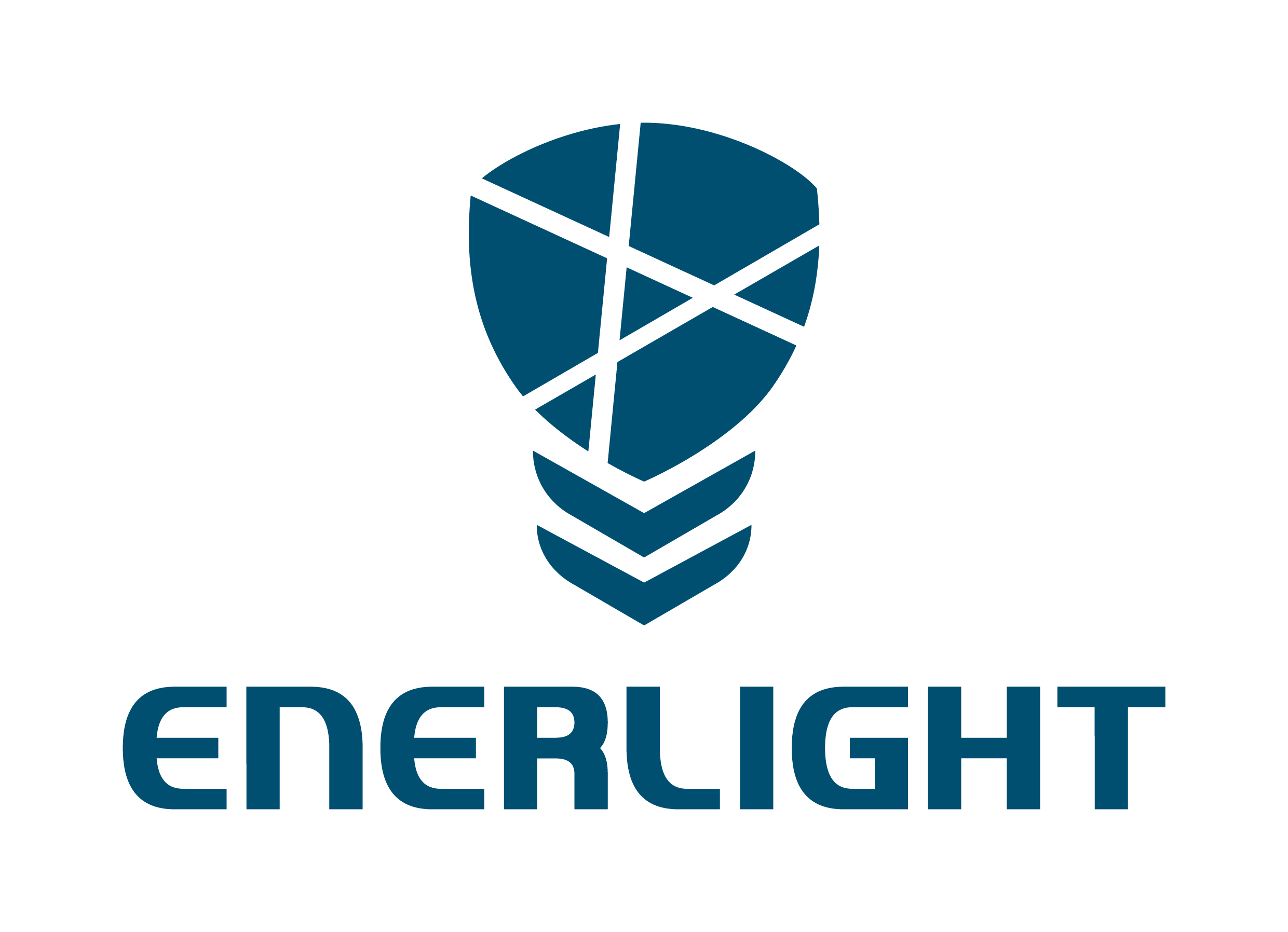 Логотип компанії Enerlight на фоні світлодіодних ламп та прожекторів.