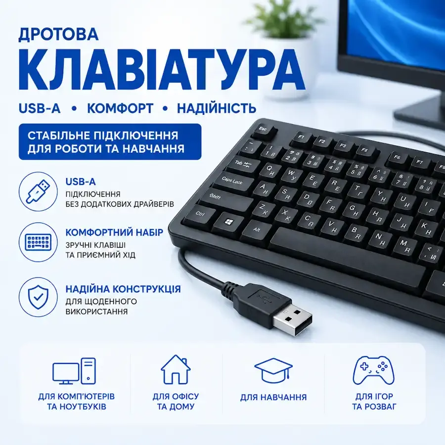 Дротова клавіатура, підключена до ноутбука, на сучасному робочому столі