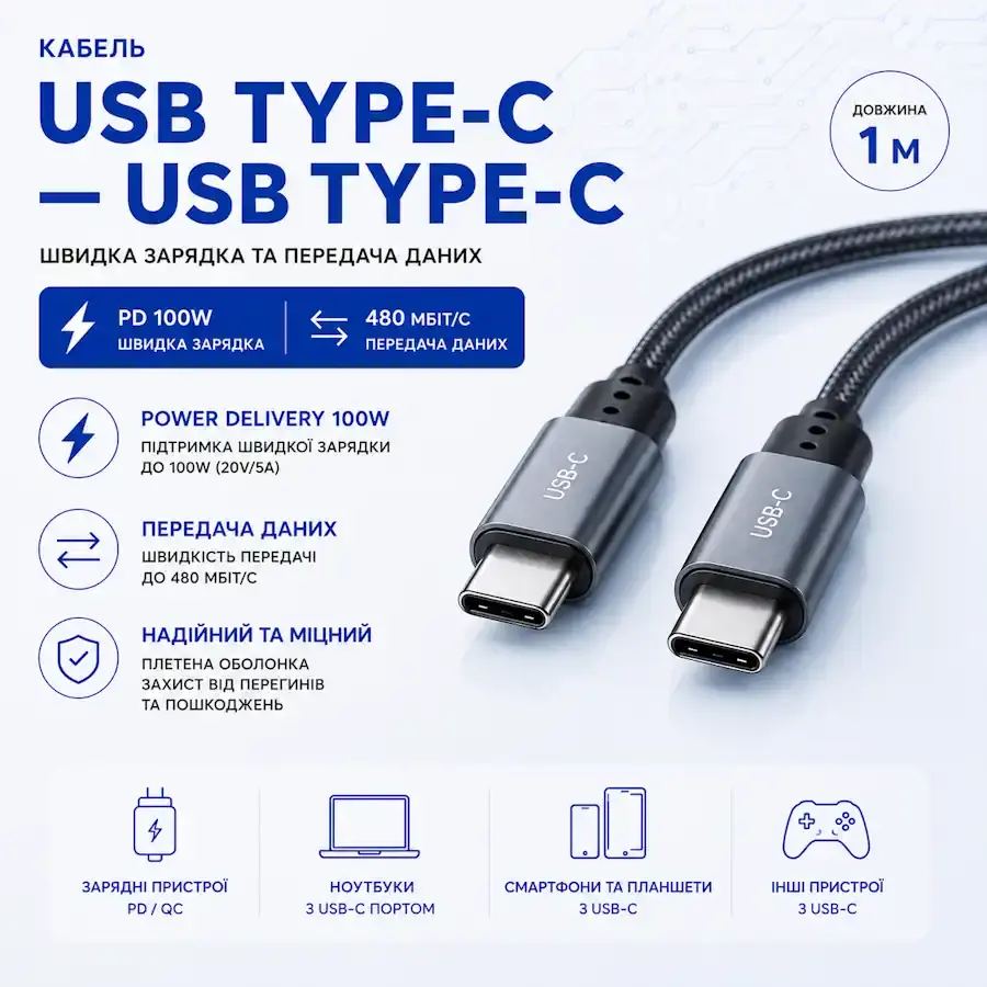 Кабель Type C - Type C,  демонструючи швидку зарядку та передачу даних.