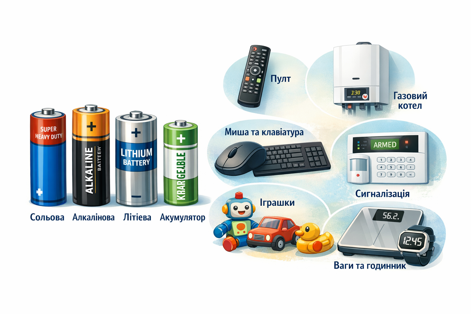 Інфографіка: типи батарейок (сольові, алкалінові, літієві, акумулятори) та пристрої застосування (пульт, газовий котел, миша і клавіатура, сигналізація, іграшки, ваги)