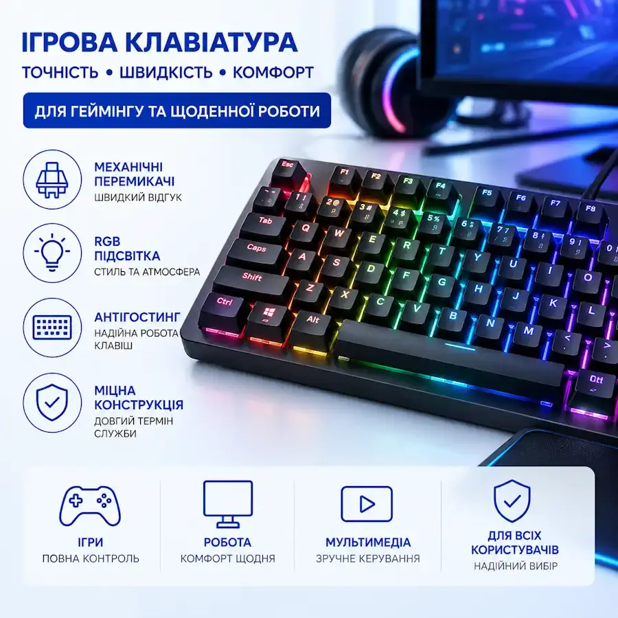 Ігрова клавіатура з RGB-підсвічуванням і механічними клавішами на стильному ігровому столі